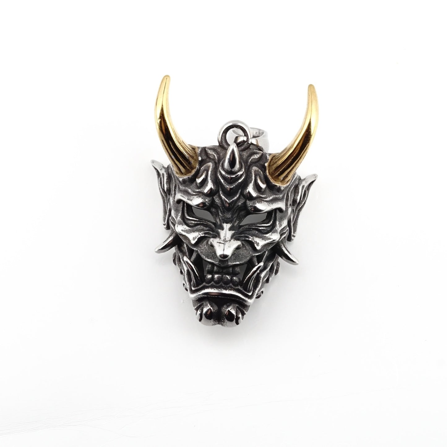 Planderful Prajna Necklace Golden Horn Ghost Mask Pendant For Men Bold Hip Hop Style Stainless Steel