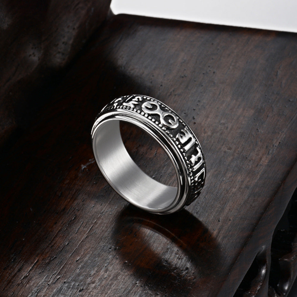 Planderful Taoist Six Character Daming Mantra Ring Rotating Titanium Steel Band For Men Ethnic Style