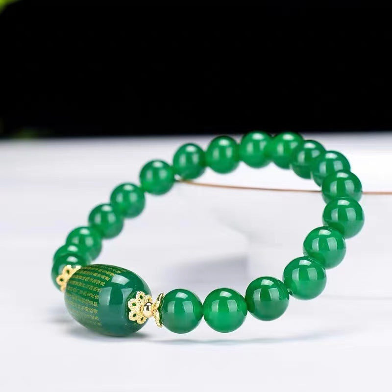 Heart Sutra Sterling Silver Bracelet with Genuine Green Chalcedony