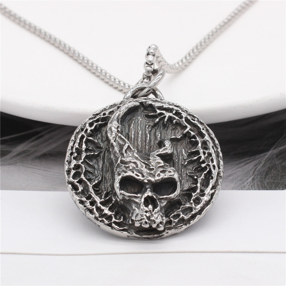 Halloween Horned Skull Round Disk Titanium Steel Pendant for Men