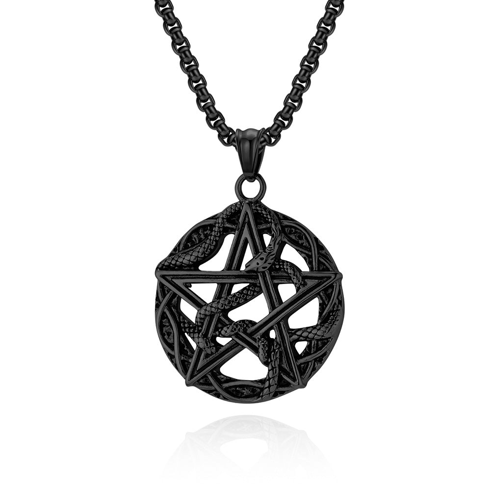 Planderful Pentagram Necklace Titanium Steel With Python Wrapped For Gothic Punk Lovers