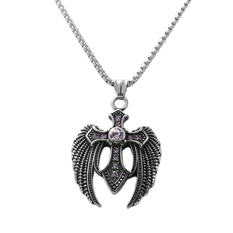 Trendy Men's Retro Titanium Steel Cross Pendant Necklace with Wing Design