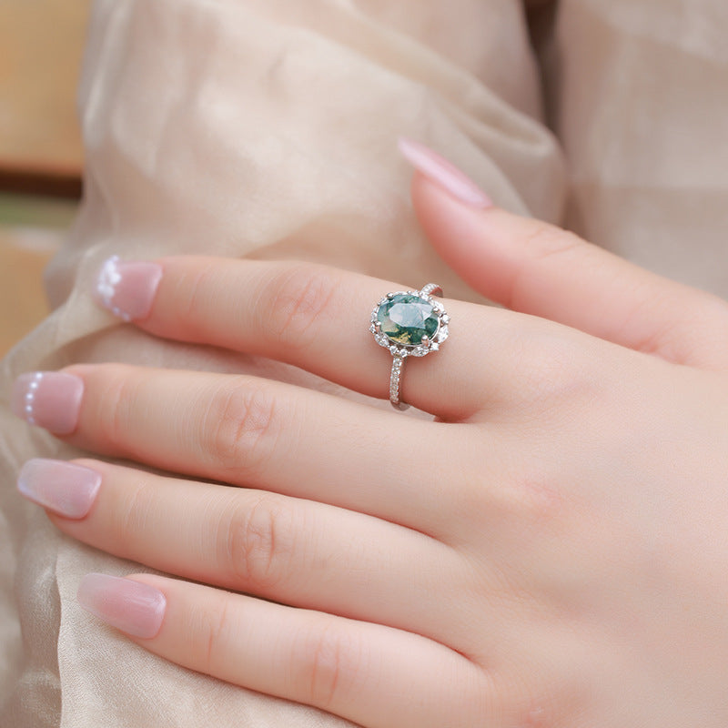 Planderful Jewelry Elegant Sterling Silver Agate Ring with Versatile Oval Green Moss Design, European Fashion Style for Everyday Wear
