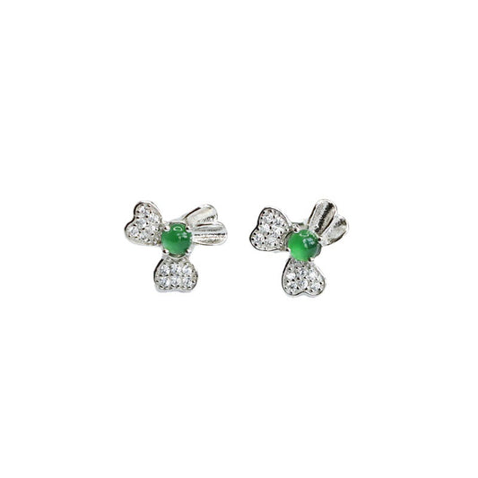 Elegant Sterling Silver Green Jade Floral Stud Earrings