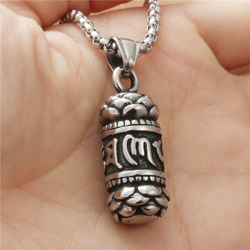 Personalized Titanium Steel Lotus Column Pendant Necklace - Retro Men's Punk Six-Character Mantra Flower Design