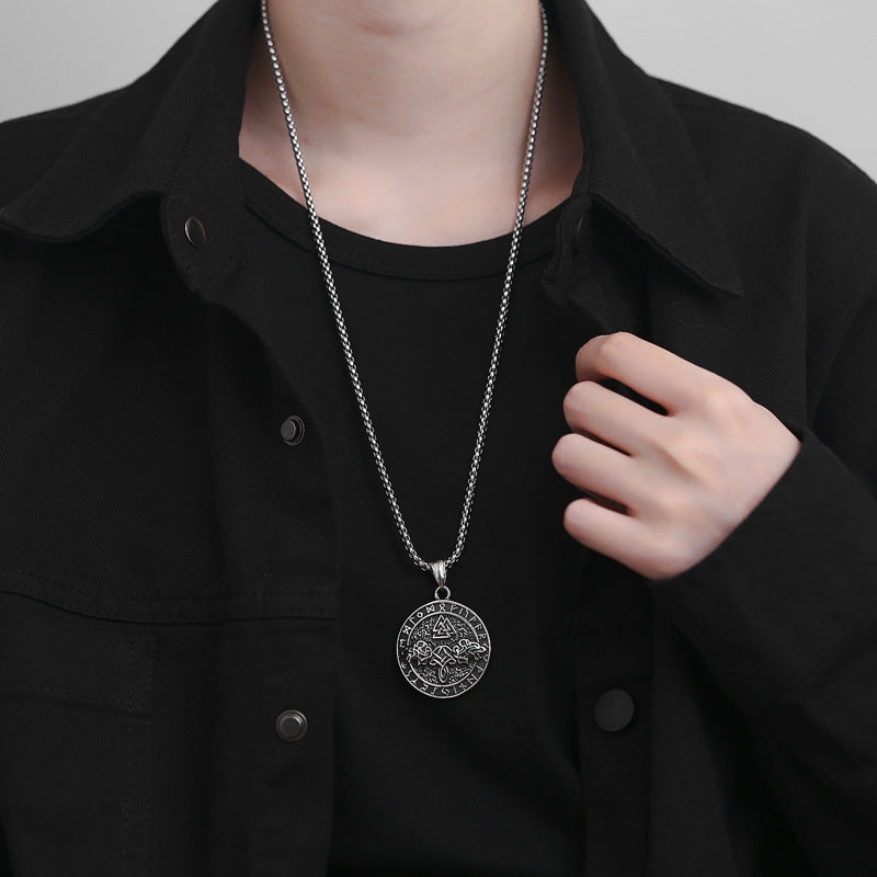 Steel Necklace – Statement Viking Rune Double Wolf Head