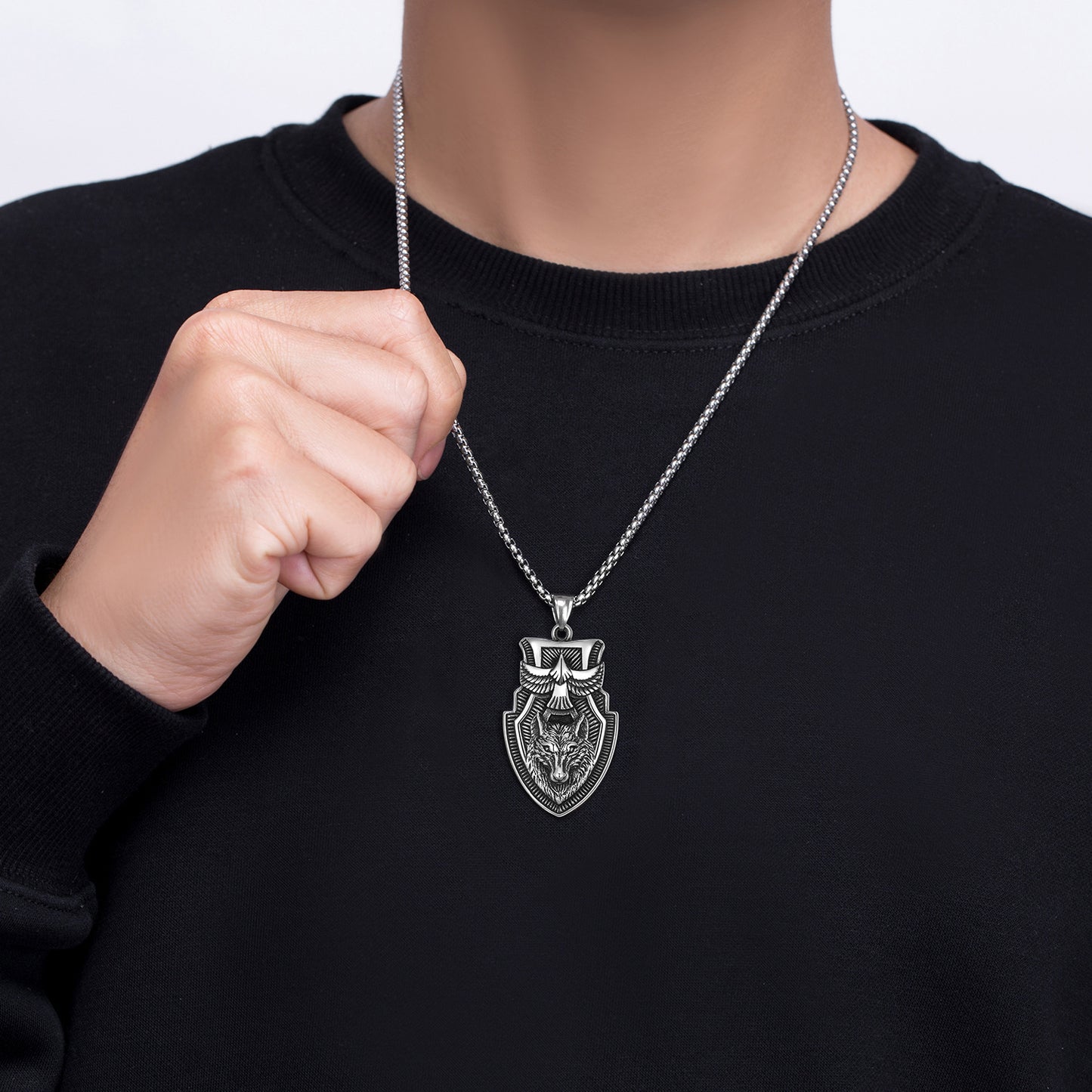 Steel Necklace – Statement For Men Retro Eagle Shield Wolf Head Pendant With Bold Detailing