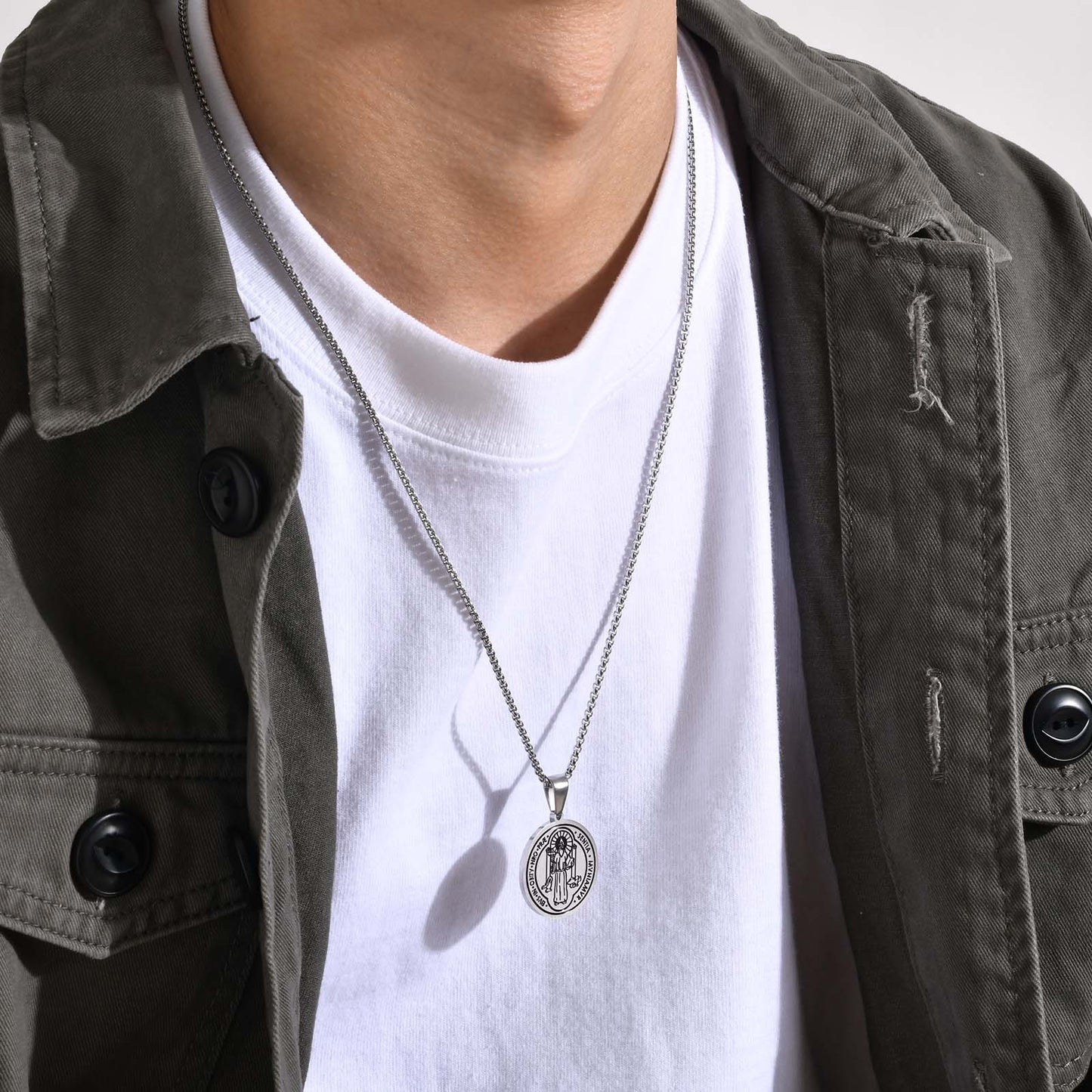 Men's Round Brand Pendant Necklace in Glossy Black Steel