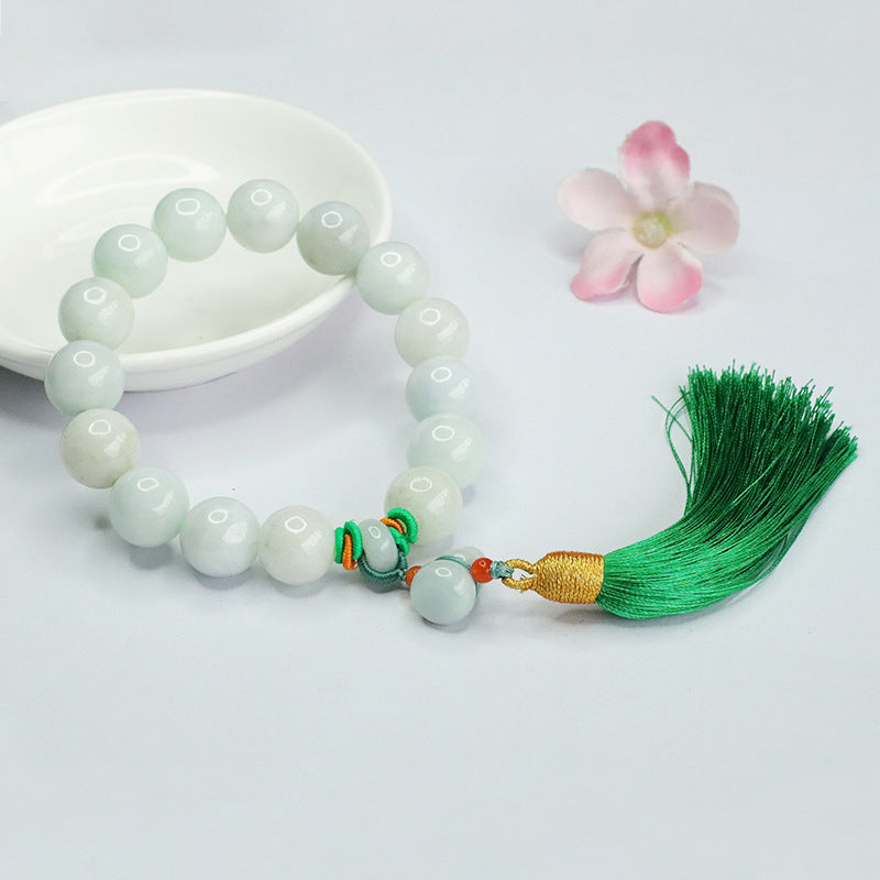 Ethnic Wind Sterling Silver Bracelet with Natural Burmese Jade and Gourd Tassel