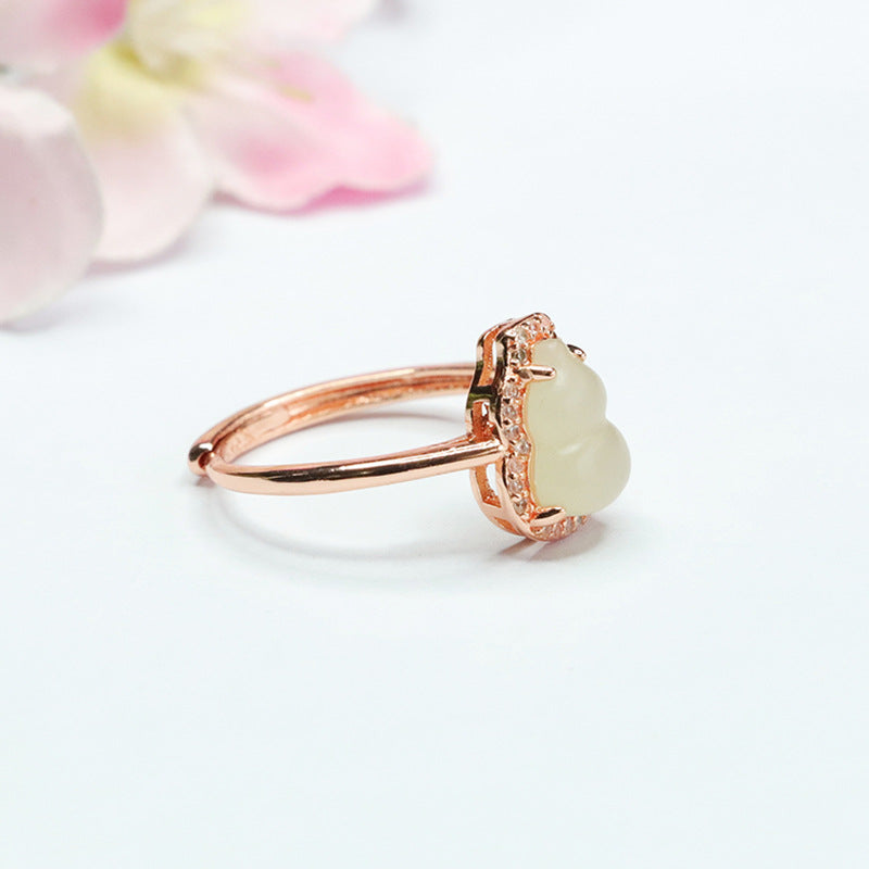 Gourd-shaped Natural Hotan Jade Sterling Silver Ring