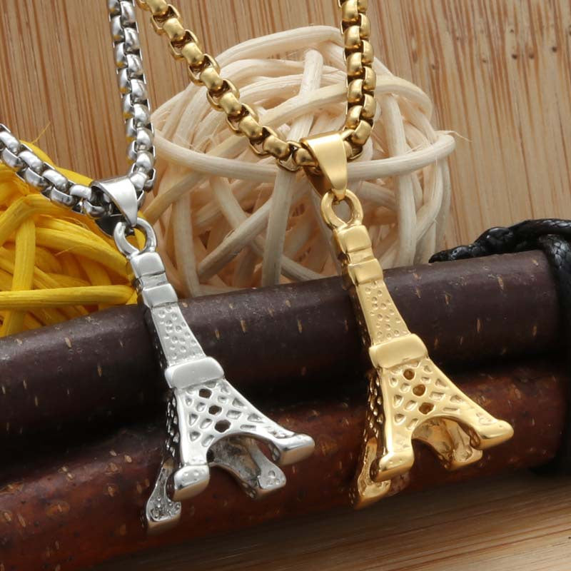 Punk Vintage Stainless Steel Eiffel Tower Pendant Necklace for Men and Women