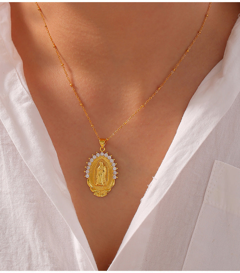 Virgin Mary Copper Pendant Necklace with Zircon Inlay