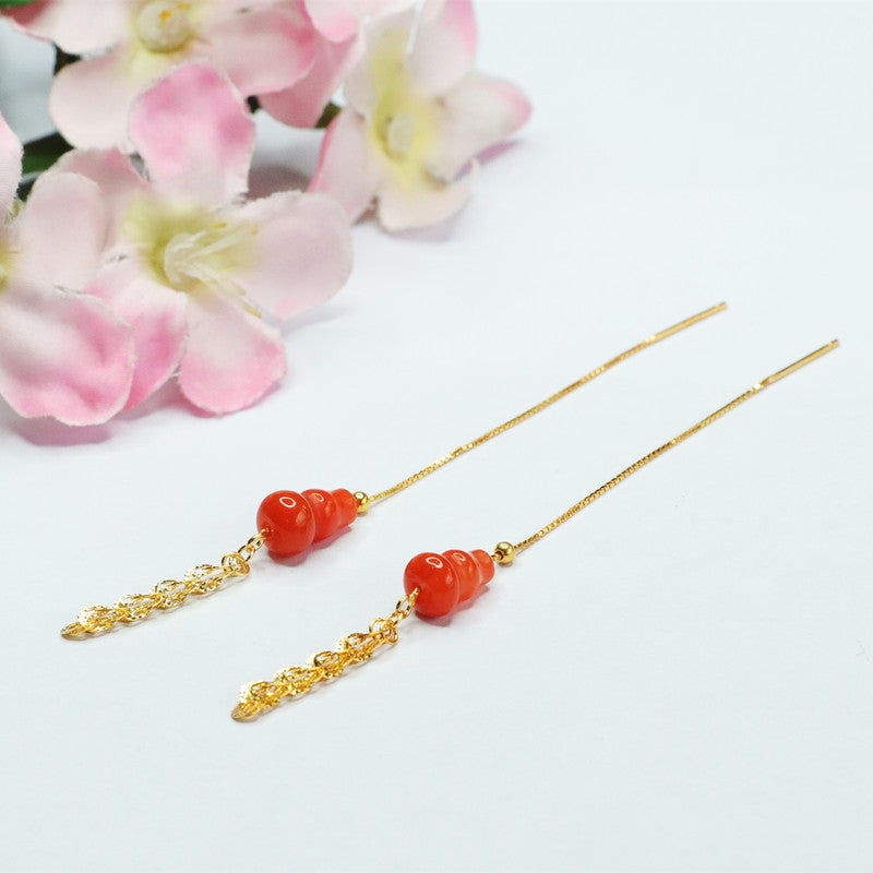 Nanhong Agate Gourd Phoenix-Tail Threader Earrings