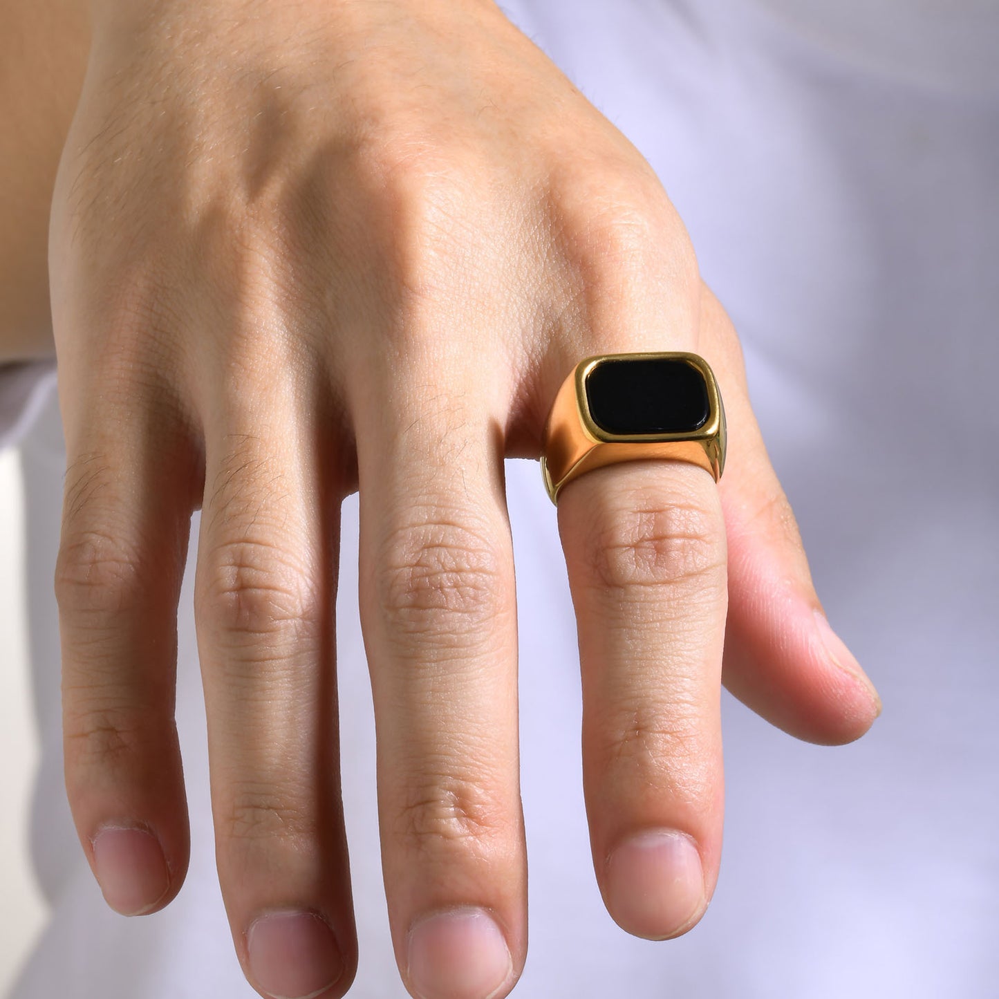 Stainless Steel Geometric Square Black Glass Stone Ring Gold Men's Ring for Men