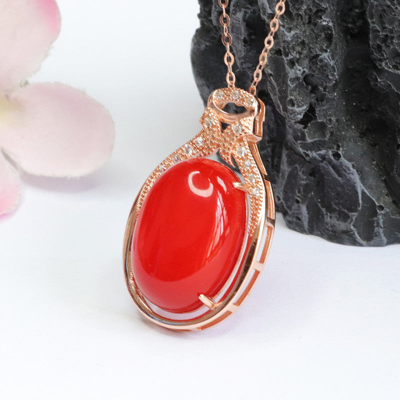 Pigeon Egg Red Agate Necklace with Zircon Rose Gold Detail