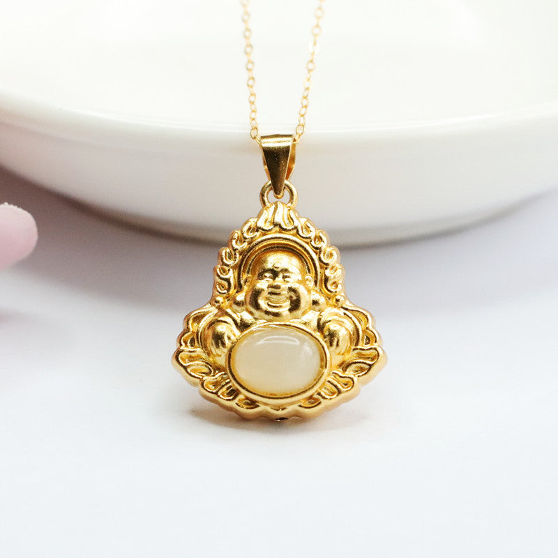 Flame Buddha Necklace with Natural Hotan Jade in Sterling Silver