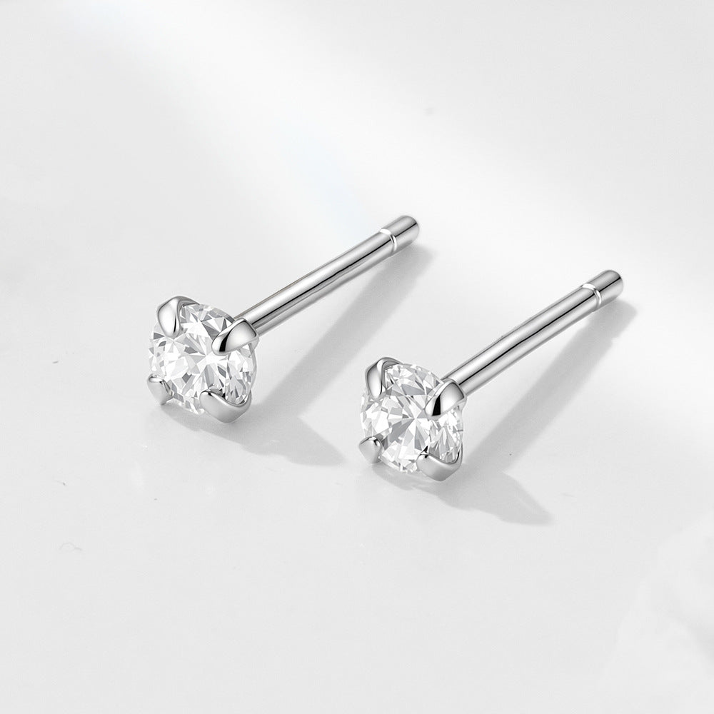 925 Sterling Silver Four-Claw 3mm Zircon Mini Small Stud Earrings, And Round Ear