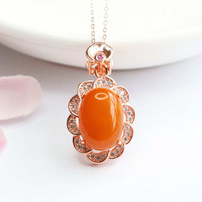 Vivid Zircon Flower Beeswax Amber Pendant Sterling Silver Necklace