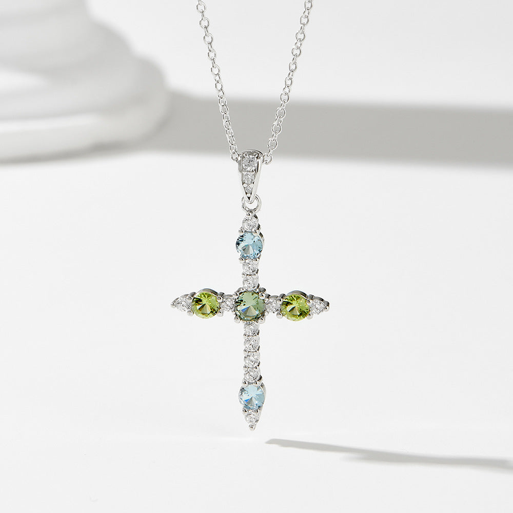 S925 Sterling Silver Zircon Inlaid Colored Cross Pendant Necklace