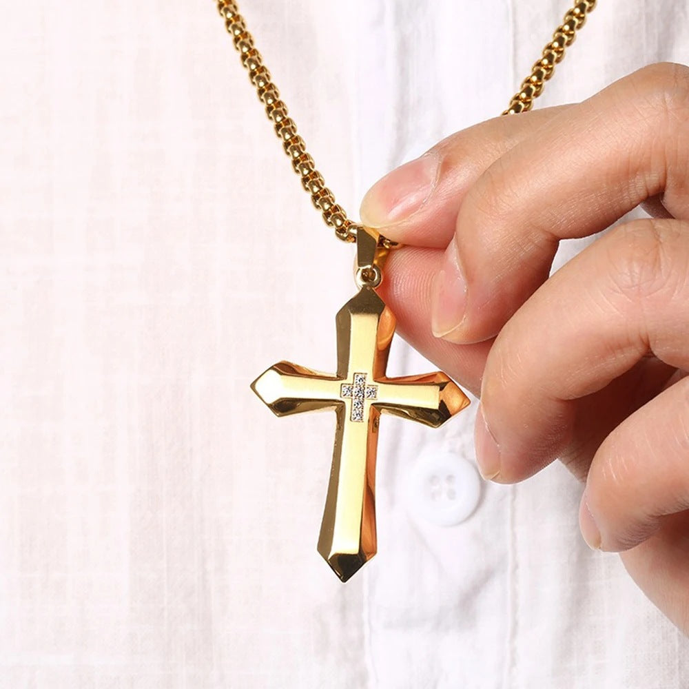 Trend jewelry European and American zircon cross necklace titanium steel men's hip-hop personality stainless steel pendant