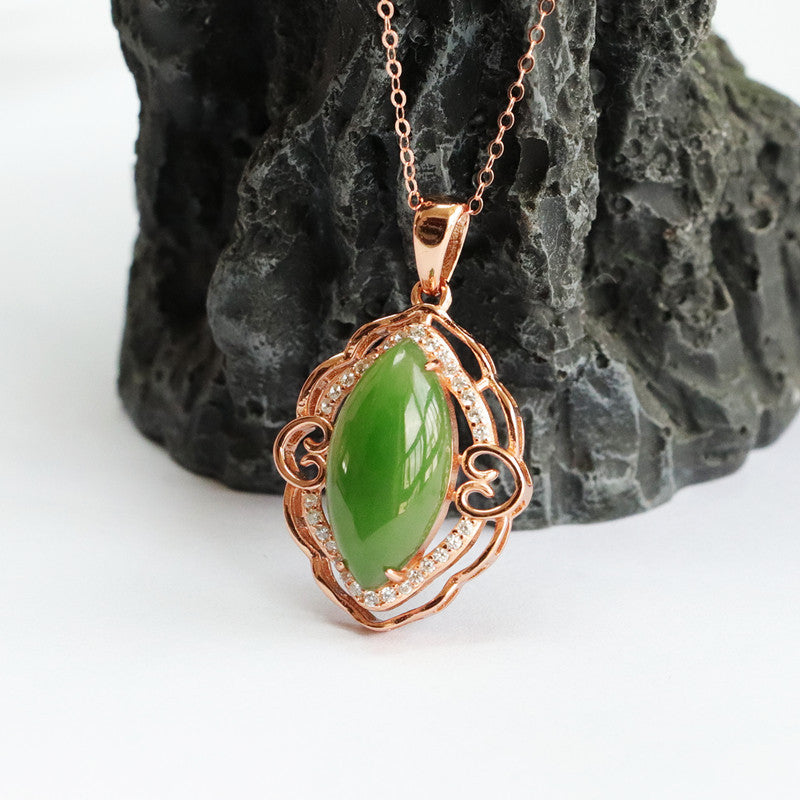 S925 Sterling Silver Hotan Jade Necklace with Marquise Jasper Pendant