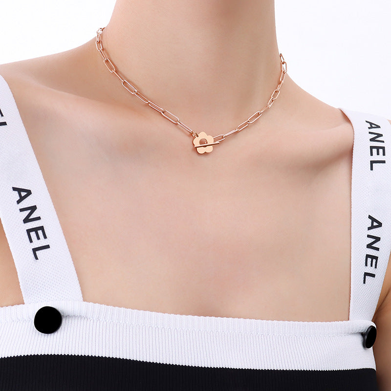 Korean Instagram-inspired Metal Flower Necklace with Gold Plating and OT Buckle Detail