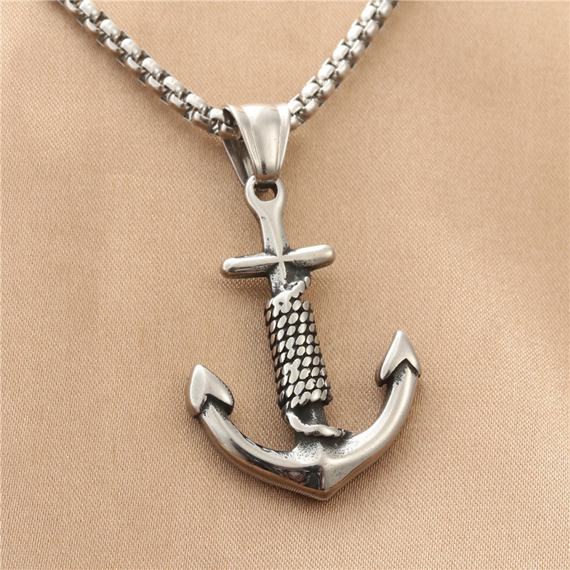 Vintage-Inspired Titanium Steel Boat Anchor Pendant Necklace for Men, Personalized Punk Style Stainless Steel Hook Design