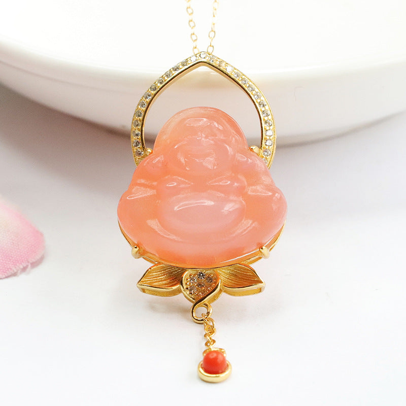 Sterling Silver Buddha Pendant with Agate Gemstone and Zircon Tassel Necklace