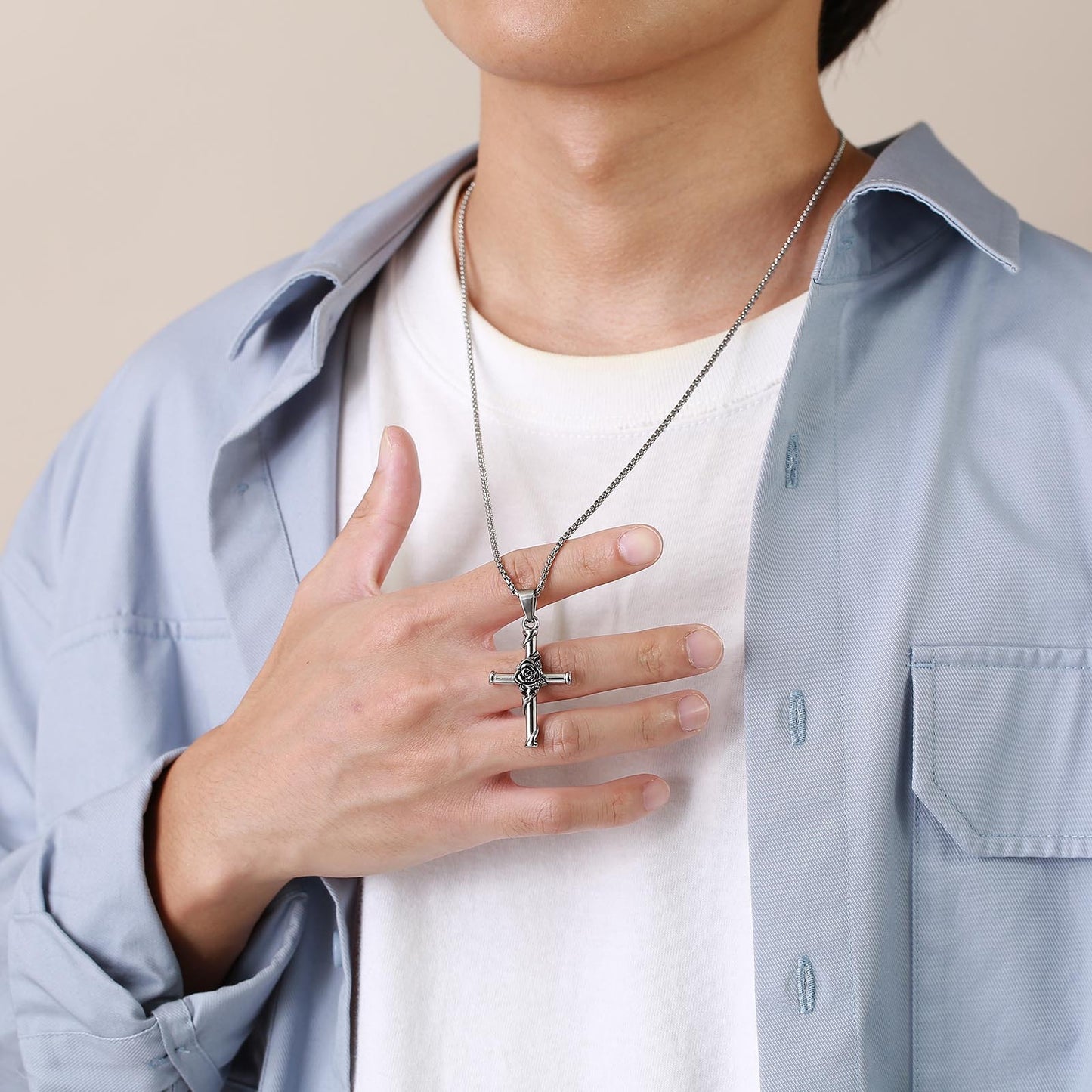 Titanium Steel Necklace Stainless Steel Rose Cross Pendant