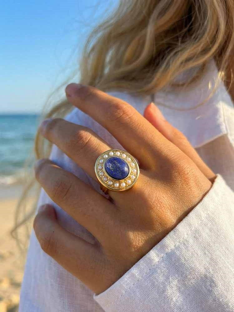 Stainless Steel Faux Pearl Oval Lapis Lazuli Open Ring – Style For Women – &
