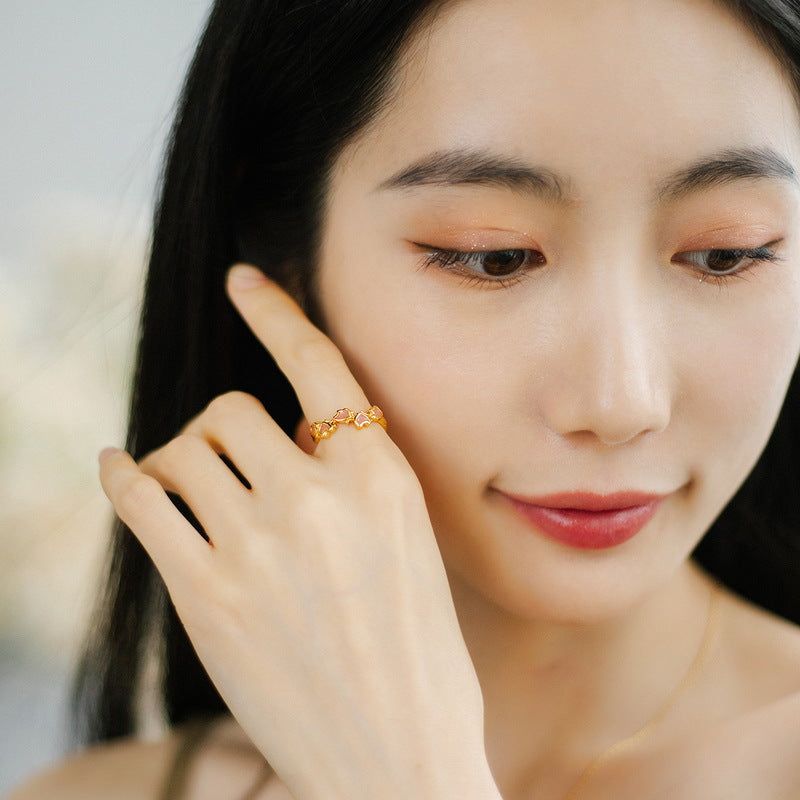 Enamel Pink Lilac Flower Opening Sterling Silver Ring