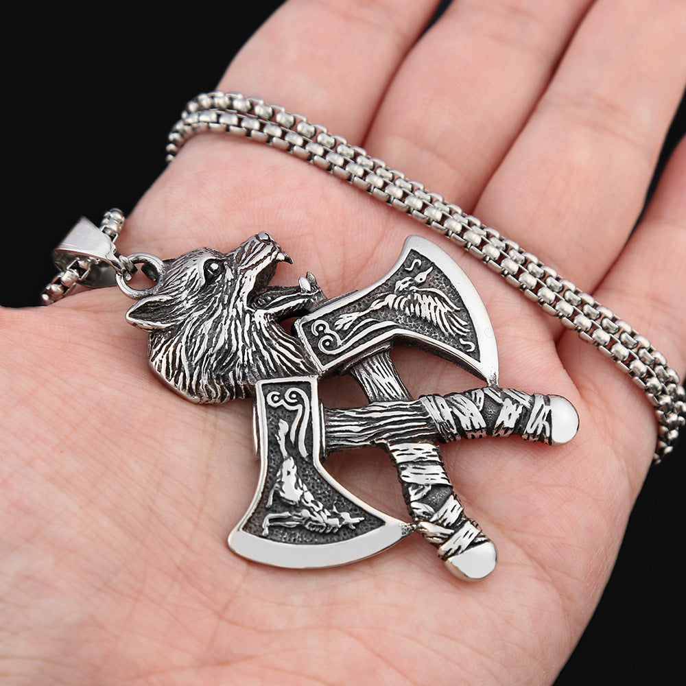 Amazon Jewelry Wholesale Stainless Steel Viking Axe Wolf Pendant Necklace for Men