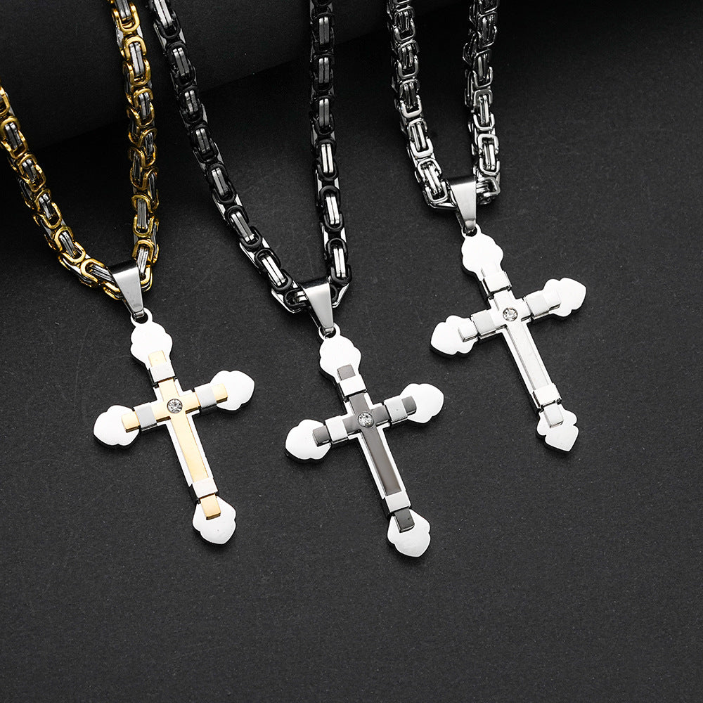 Planderful Mens Stainless Steel Cross Necklace With Double Layer Zircon Pendant For Men Punk Style