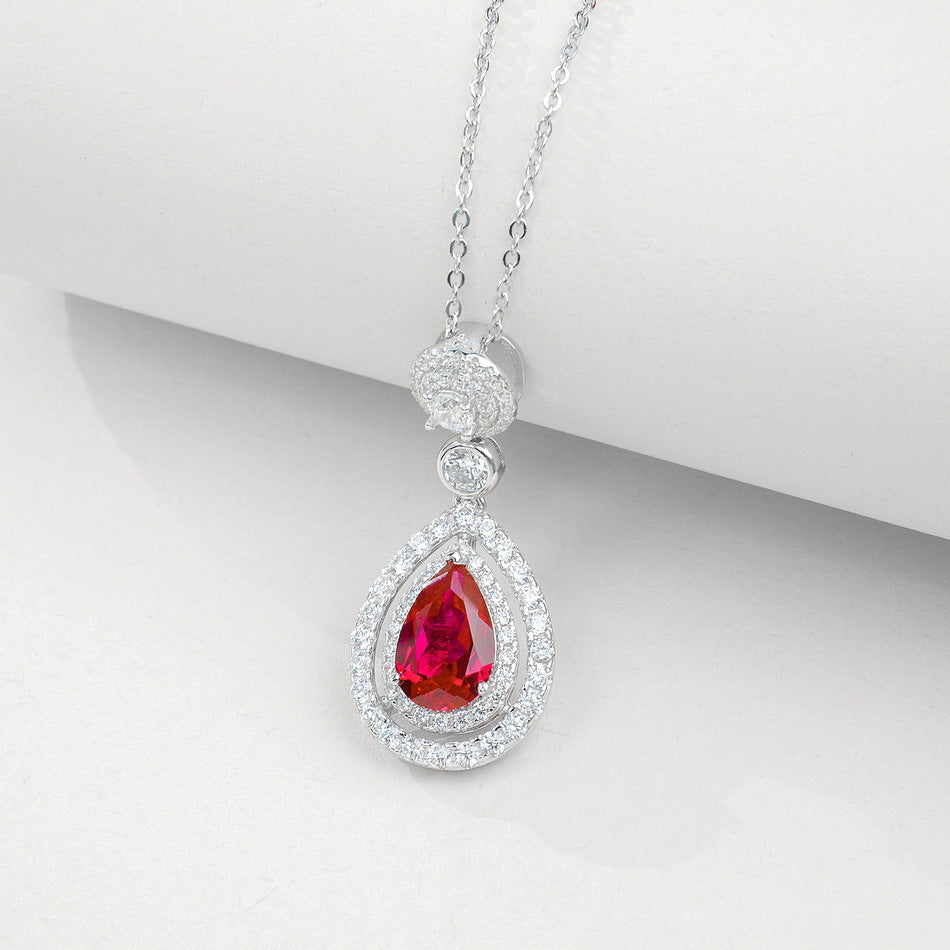 S925 Sterling Silver Lab-Grown Ruby Teardrop Pendant Necklace