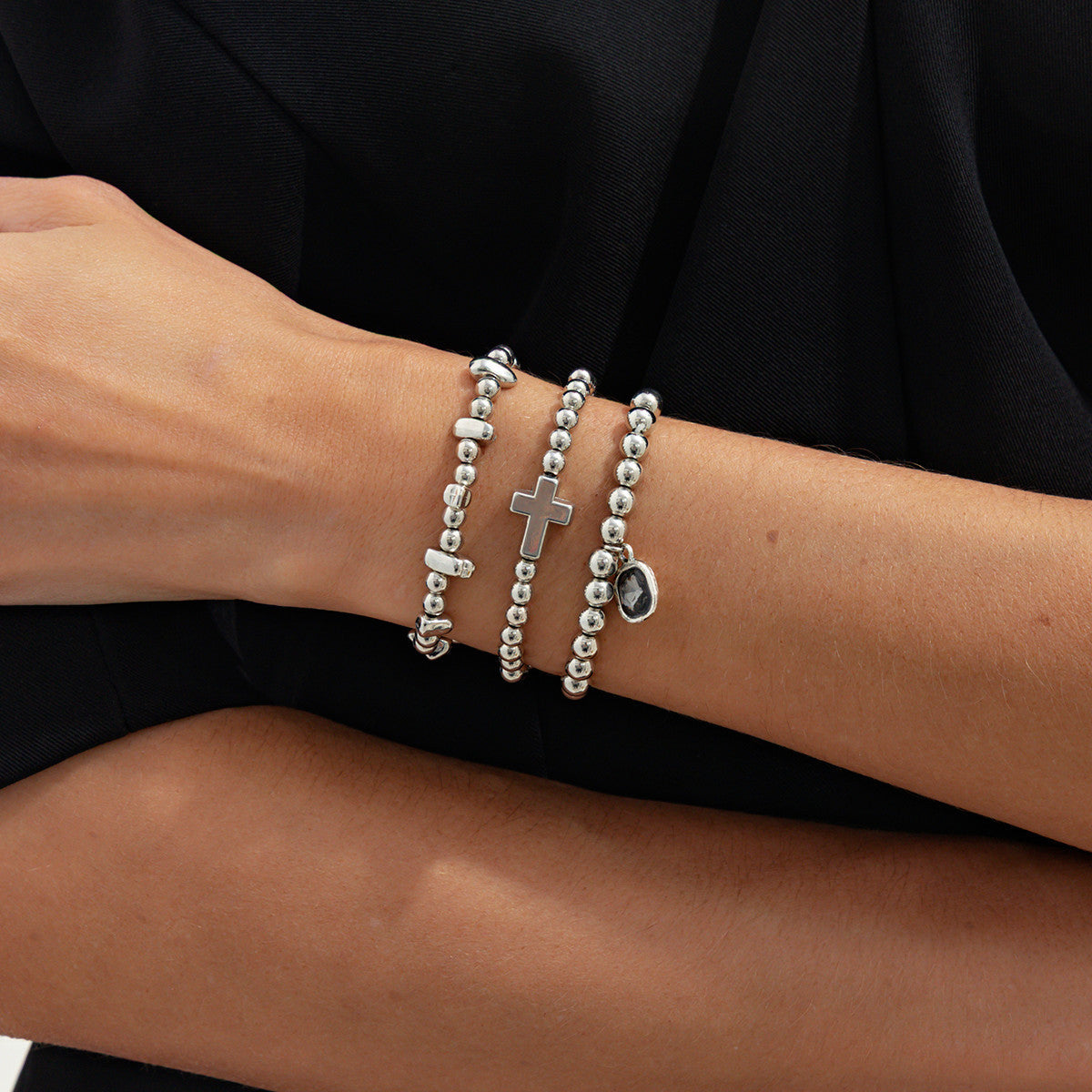 Planderful Vienna Verve Elastic Silver Beaded Bracelet Set With Personalized Gray Stone Pendant Cross For Her