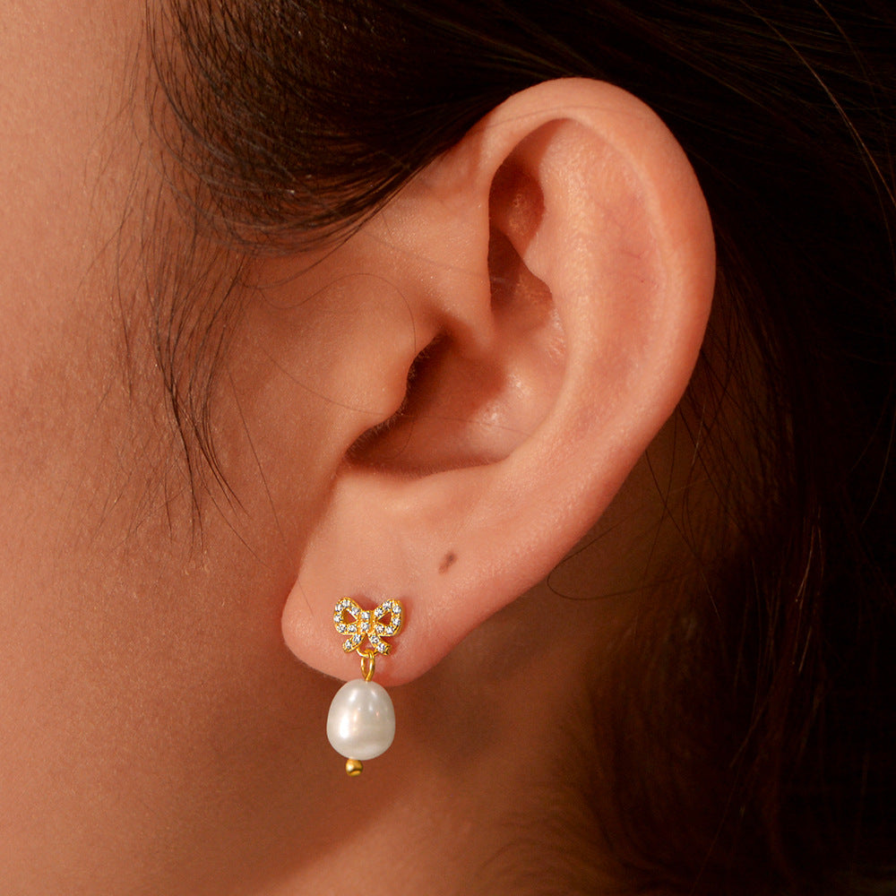 Planderful Sterling Silver Pearl Earrings With Natural Pearl And Zircon Bow Pendant For Women Elegant