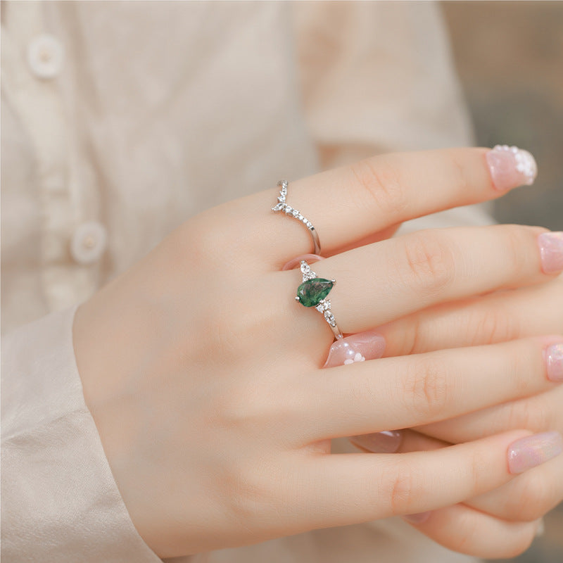 Planderful Jewelry Sterling Silver Moss Agate Ring With V Shape And Elegant Zircon Accents For Everyday Luxury
