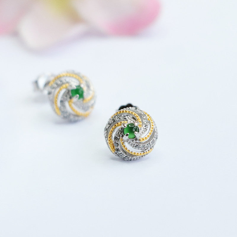 French Luxury Spiral Pattern Silver Earrings with Ice Green Jade