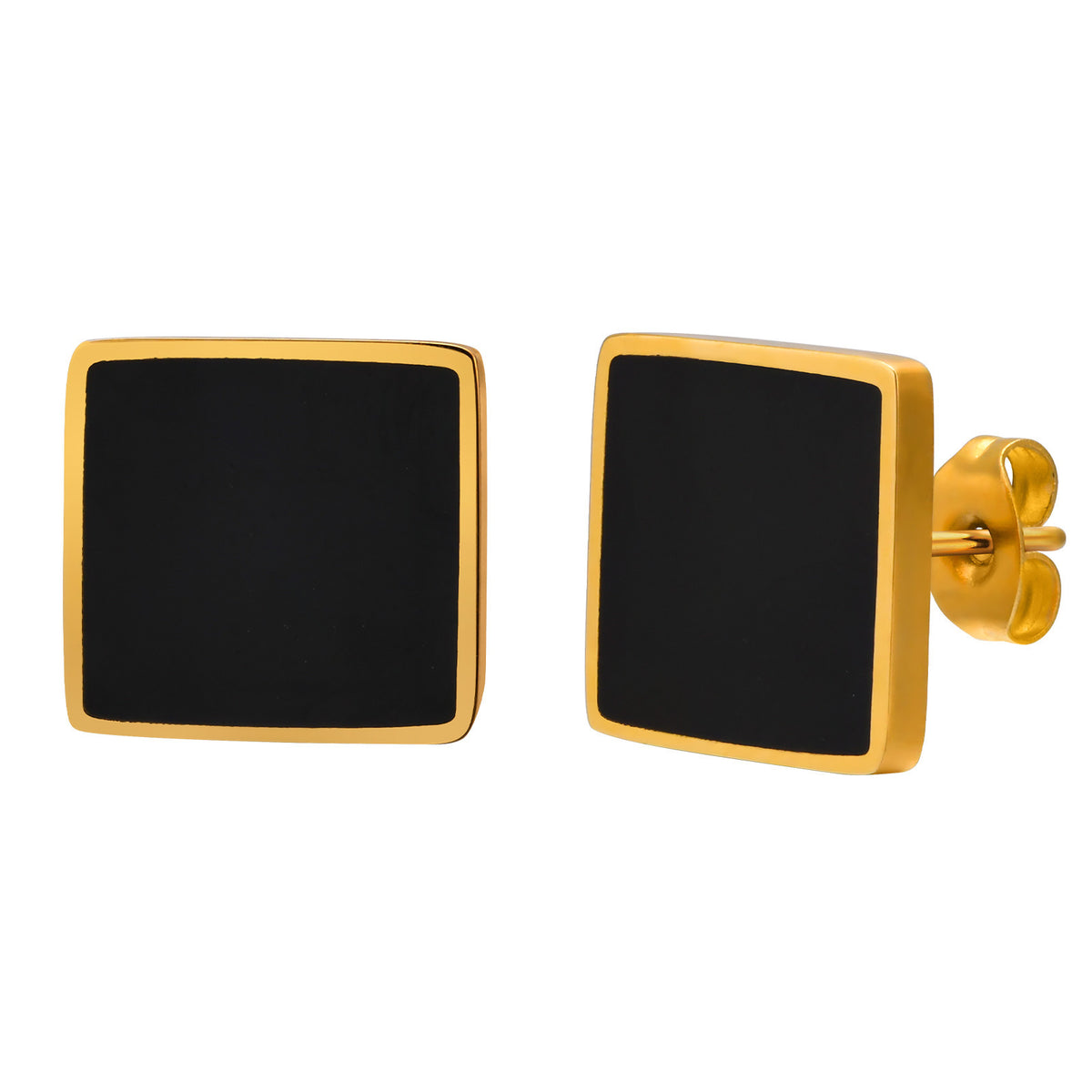 Gold-Tone Black Square Stainless Steel Stud Earrings
