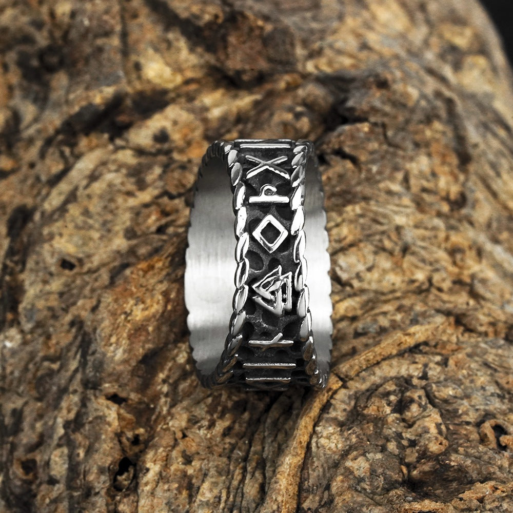 European and American Jewelry Wholesale Men's Titanium Steel Ring Retro Viking Triangle Rune Ring Rust Free