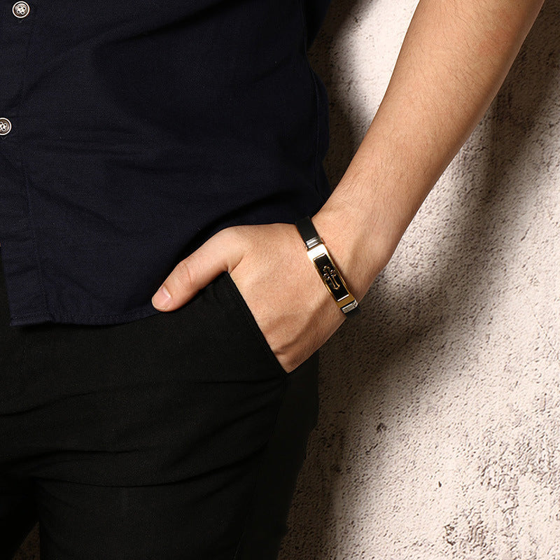 Adjustable Silicone Bracelet Stainless Steel Cross Strap Bracelet for Men