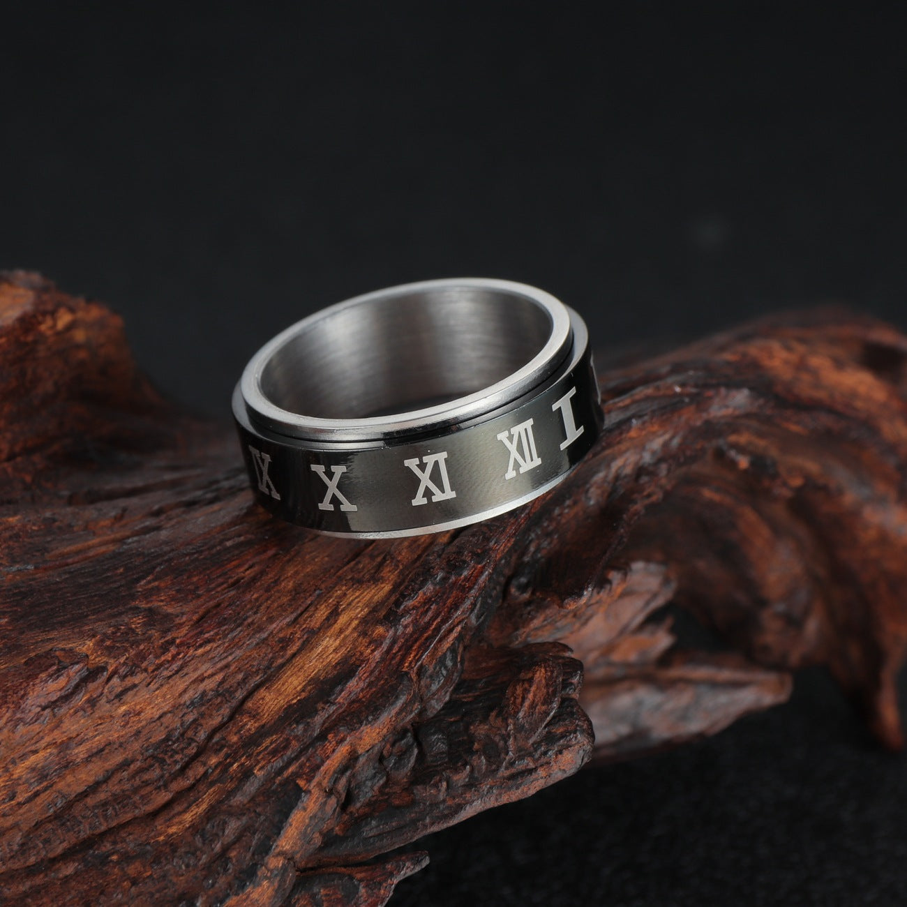 Viking Rune Steel Rotating Ring with Roman Numeral Design - Men's Handcrafted Stress Relief Jewelry