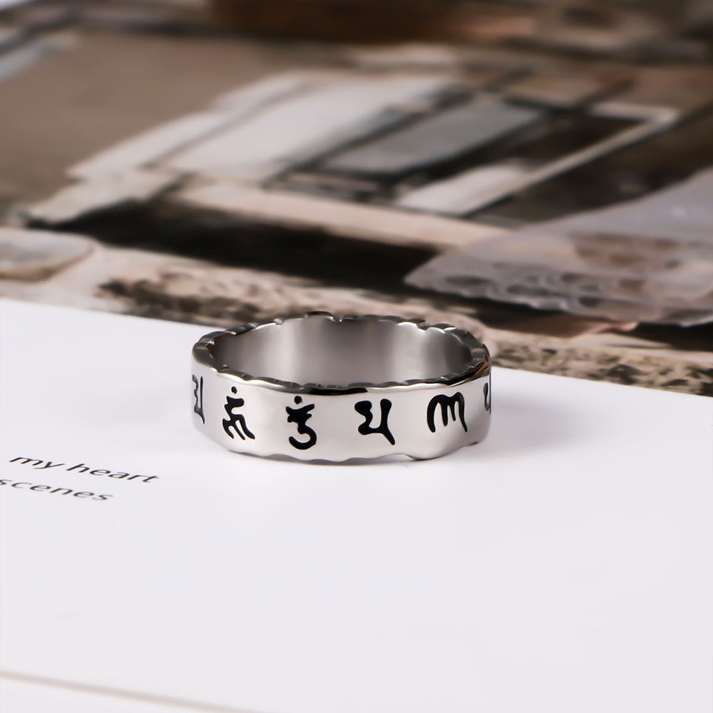 Mens Retro Titanium Ring Daming Mantra Sanskrit Hollow