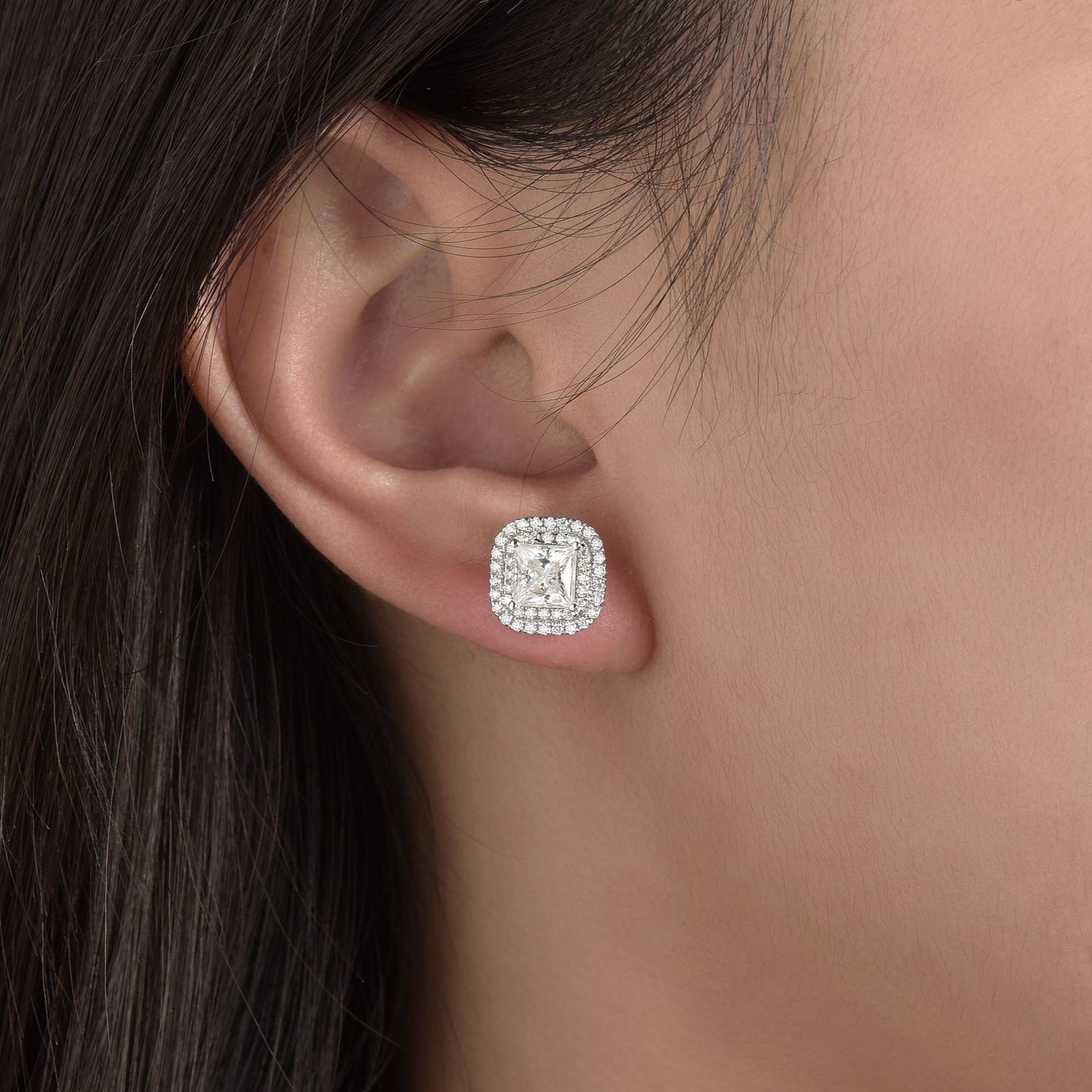 Cross-Border Amazon Hot Sale Classic Princess Square 1 Carat Full Moissanite Earrings S925 Silver Earrings