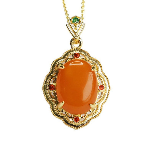 Vintage Zircon Engraved Amber Pendant with Sterling Silver Chain