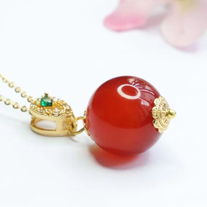 15 mm Red Agate Bead Green Accent Pendant — No Chain