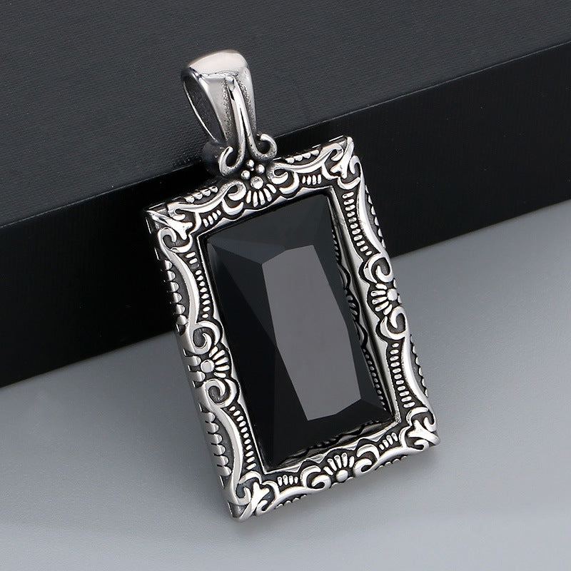 Retro Engraved Sapphire Inlaid Titanium Steel Hip-Hop Pendant for Men