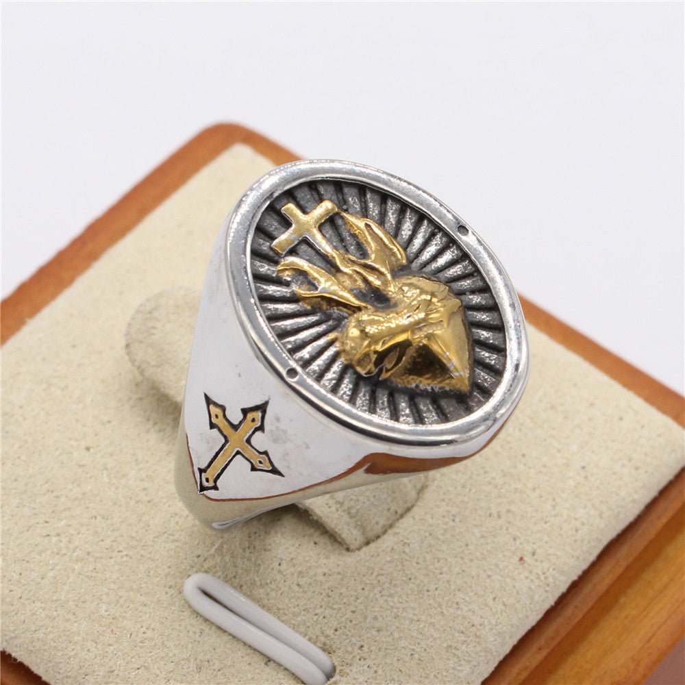 Cross and Heart oval Titanium Steel Ring for men