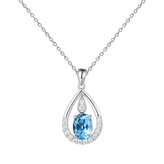 Water Droplet Pendant Oval Natural Gemstone Silver Necklace