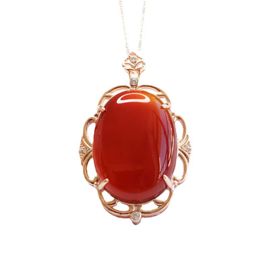 Pigeon Egg Natural Red Agate Pendant Hollow Lace Edge Rose Gold Necklace Jewelry